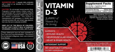 Cognitive Vitamin D-3 5000 IU non GMO - 90 Veggie Caps Cognitive Vitamin D-3 5000 IU non GMO - 90 Veggie Caps
